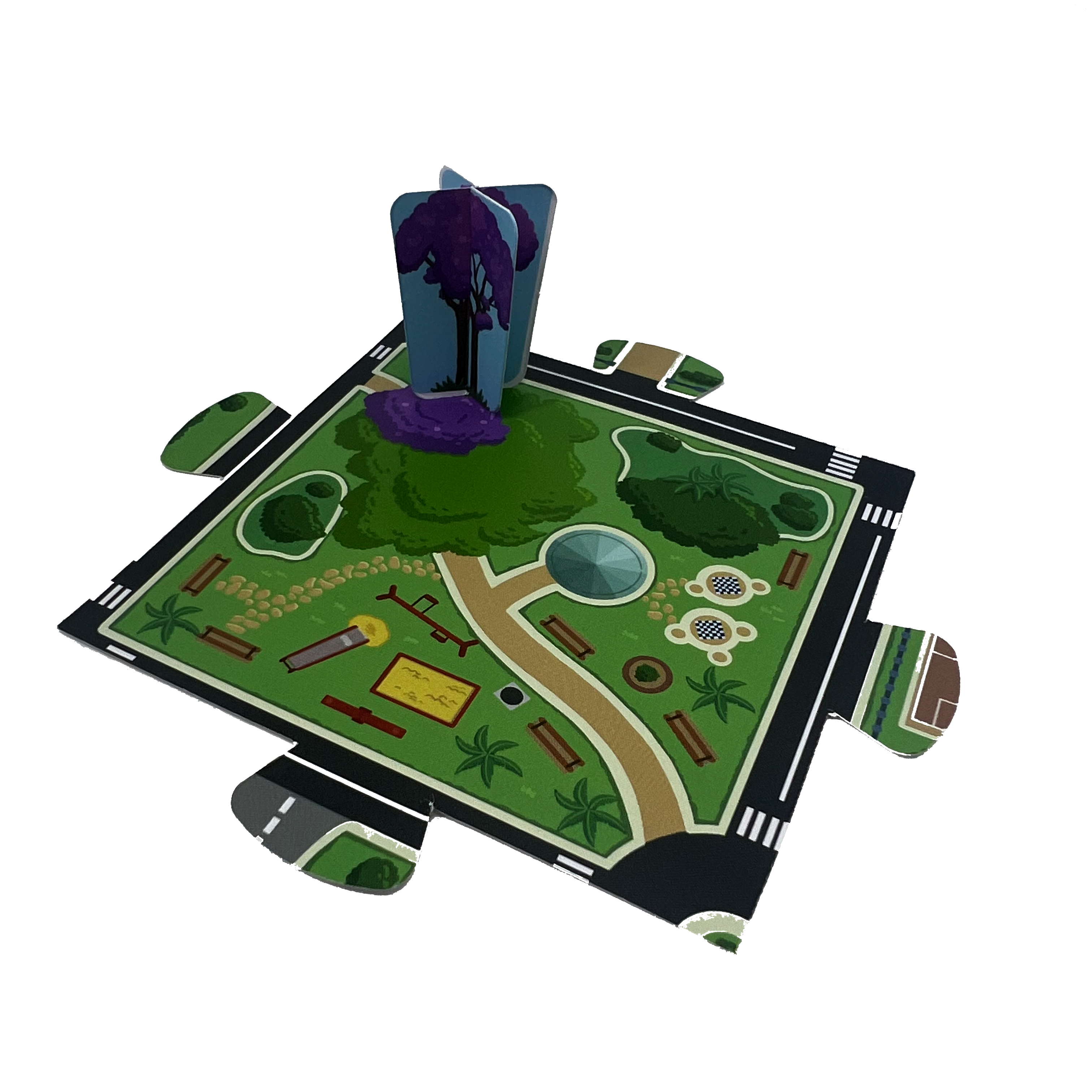 Parte do tabuleiro com mapa de praça e uma peça da árvore jacarandá sobre ele.